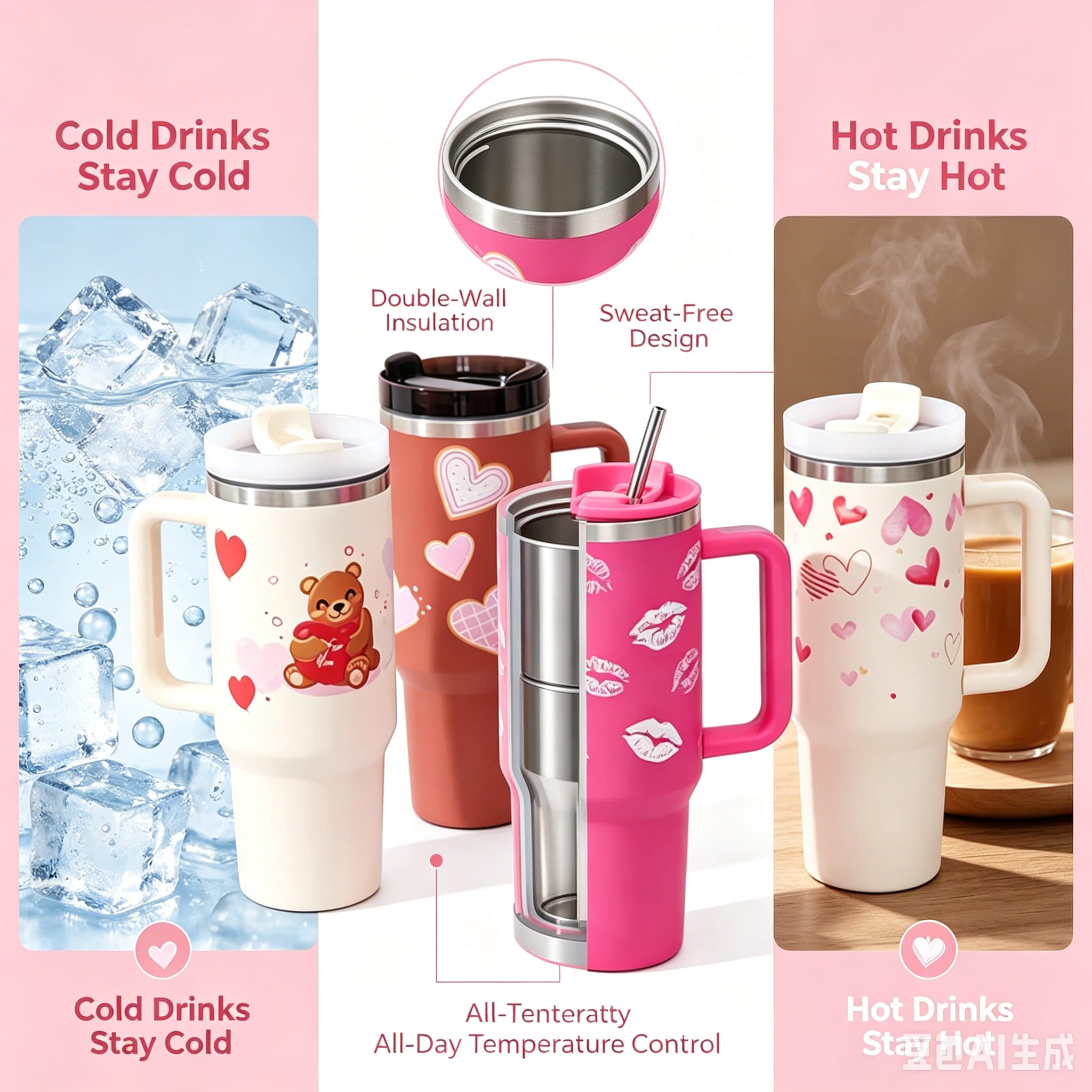 Heart Print Insulated Tumbler 40oz with Handle