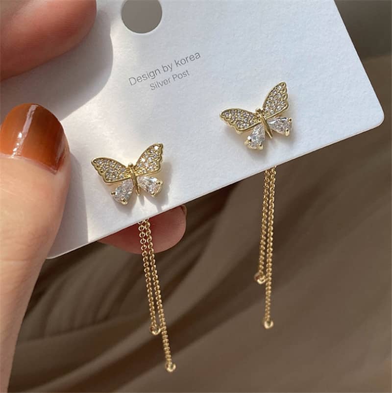 Rhinestone Butterfly Tassel Earrings