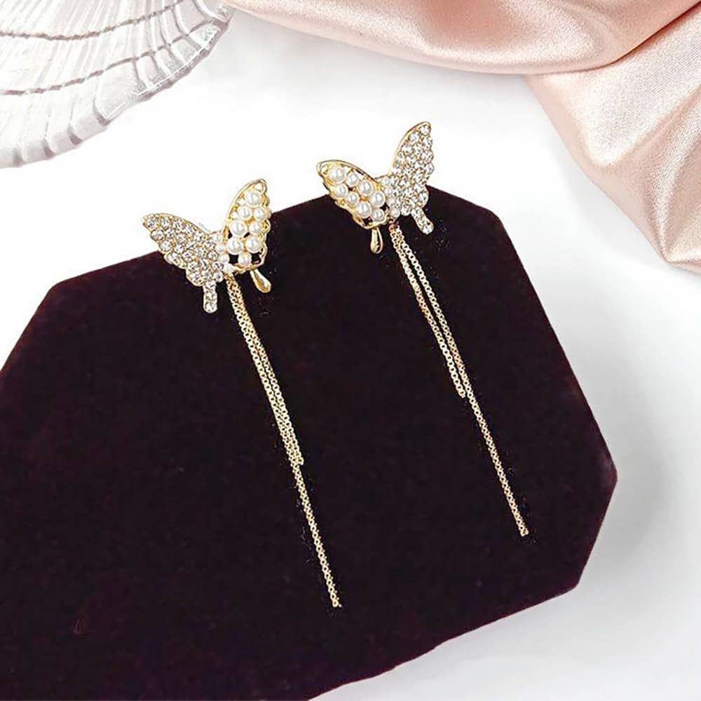 Rhinestone Butterfly Tassel Earrings