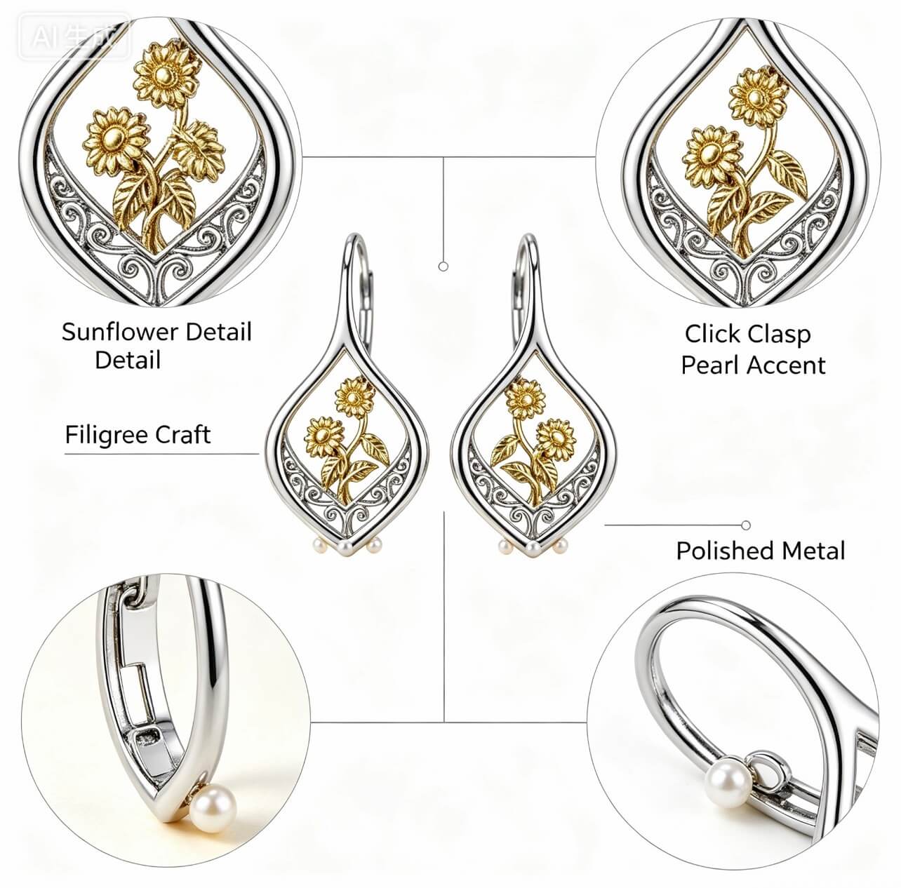 Sunflower Glow filigree Two-Tone Drop Earrings