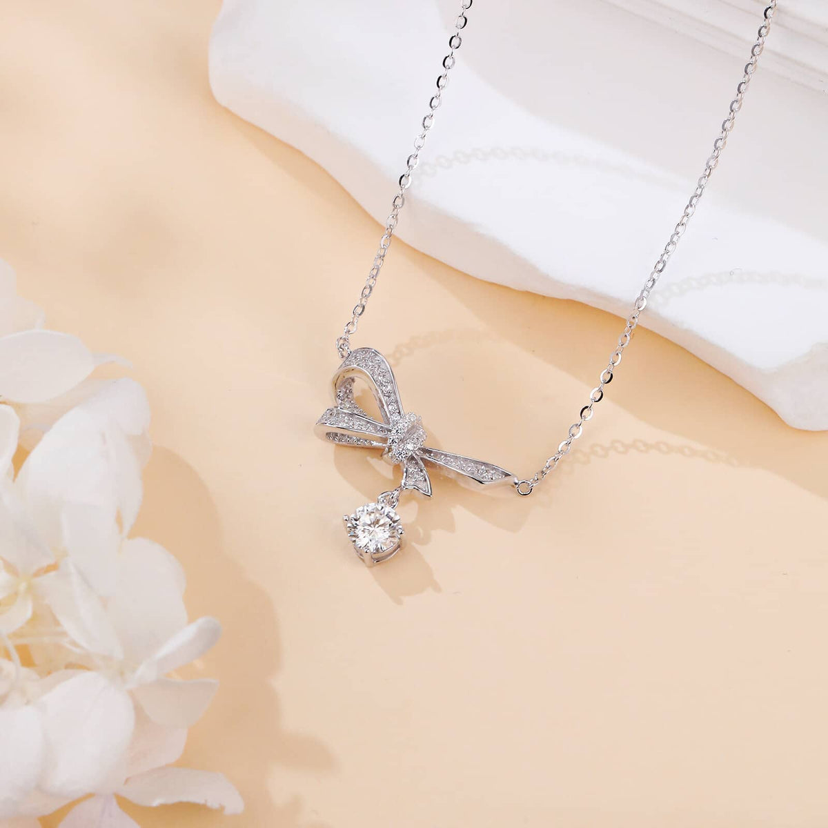 Silver Bow Moissanite Necklace